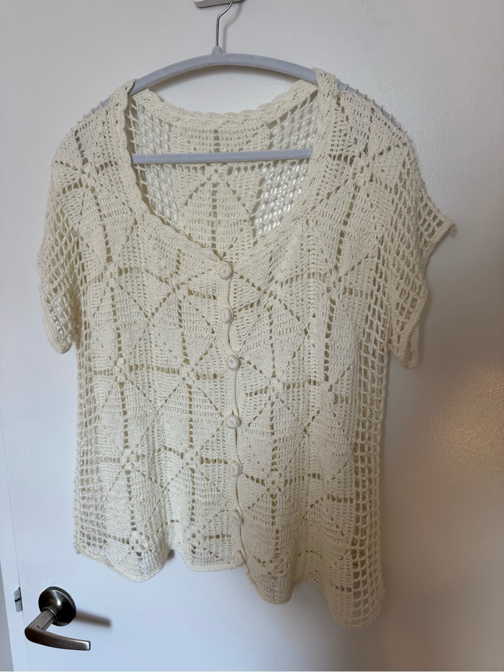 Vintage Cream Crochet Button Front Cardigan Top Estimated L